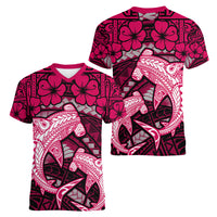 Polynesian Shark Valentine Day Women V Neck T Shirt Hibiscus and Tribal Tattoo Pink Style LT03 - Polynesian Pride