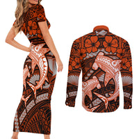 Polynesian Shark Valentine Day Couples Matching Short Sleeve Bodycon Dress and Long Sleeve Button Shirt Hibiscus and Tribal Tattoo Orange Style LT03 - Polynesian Pride