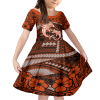 Polynesian Shark Valentine Day Family Matching Long Sleeve Bodycon Dress and Hawaiian Shirt Hibiscus and Tribal Tattoo Orange Style LT03 Daughter's Dress Orange - Polynesian Pride
