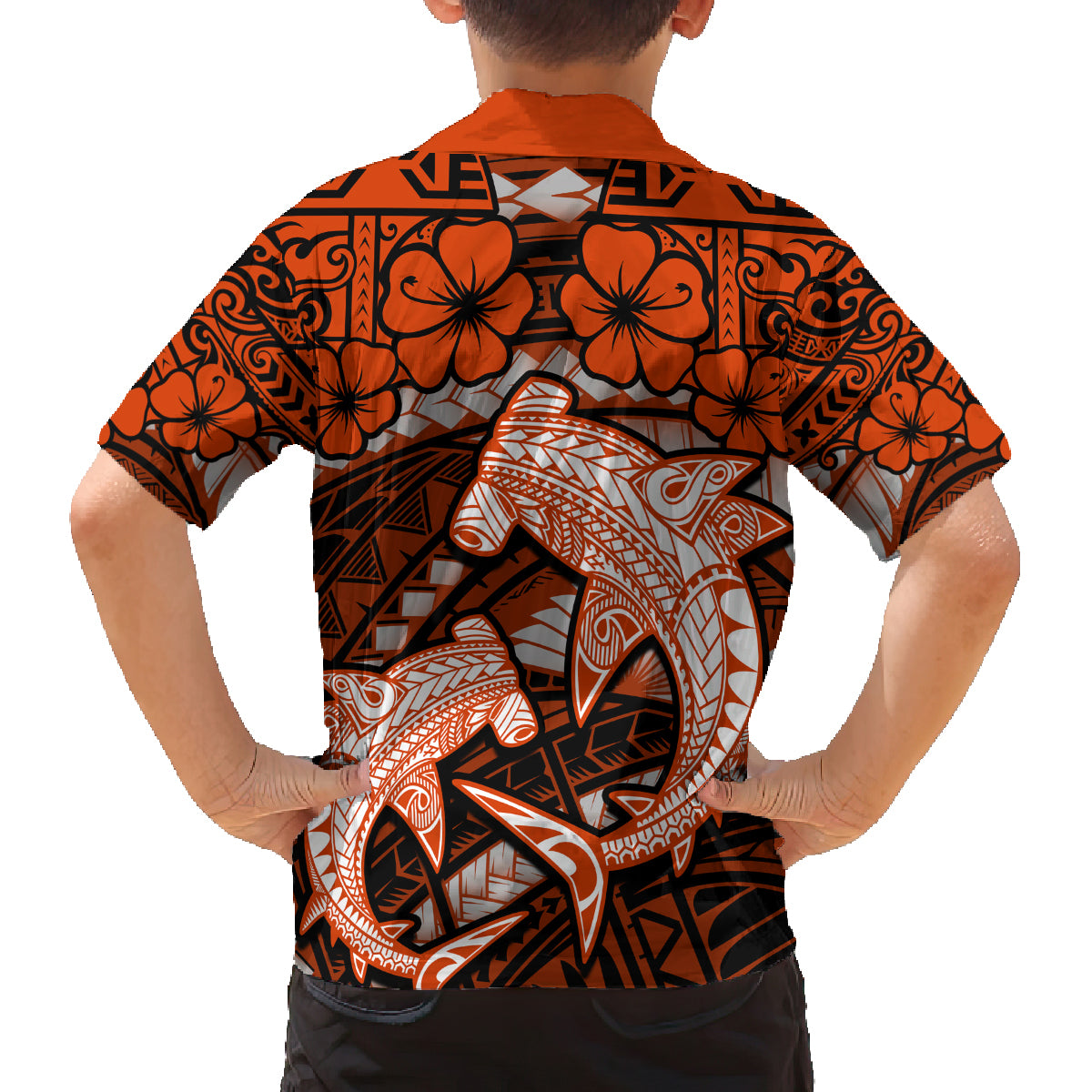 Polynesian Shark Valentine Day Family Matching Puletasi and Hawaiian Shirt Hibiscus and Tribal Tattoo Orange Style LT03 - Polynesian Pride
