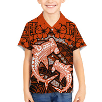 Polynesian Shark Valentine Day Family Matching Short Sleeve Bodycon Dress and Hawaiian Shirt Hibiscus and Tribal Tattoo Orange Style LT03 Son's Shirt Orange - Polynesian Pride