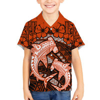 Polynesian Shark Valentine Day Family Matching Tank Maxi Dress and Hawaiian Shirt Hibiscus and Tribal Tattoo Orange Style LT03 Son's Shirt Orange - Polynesian Pride