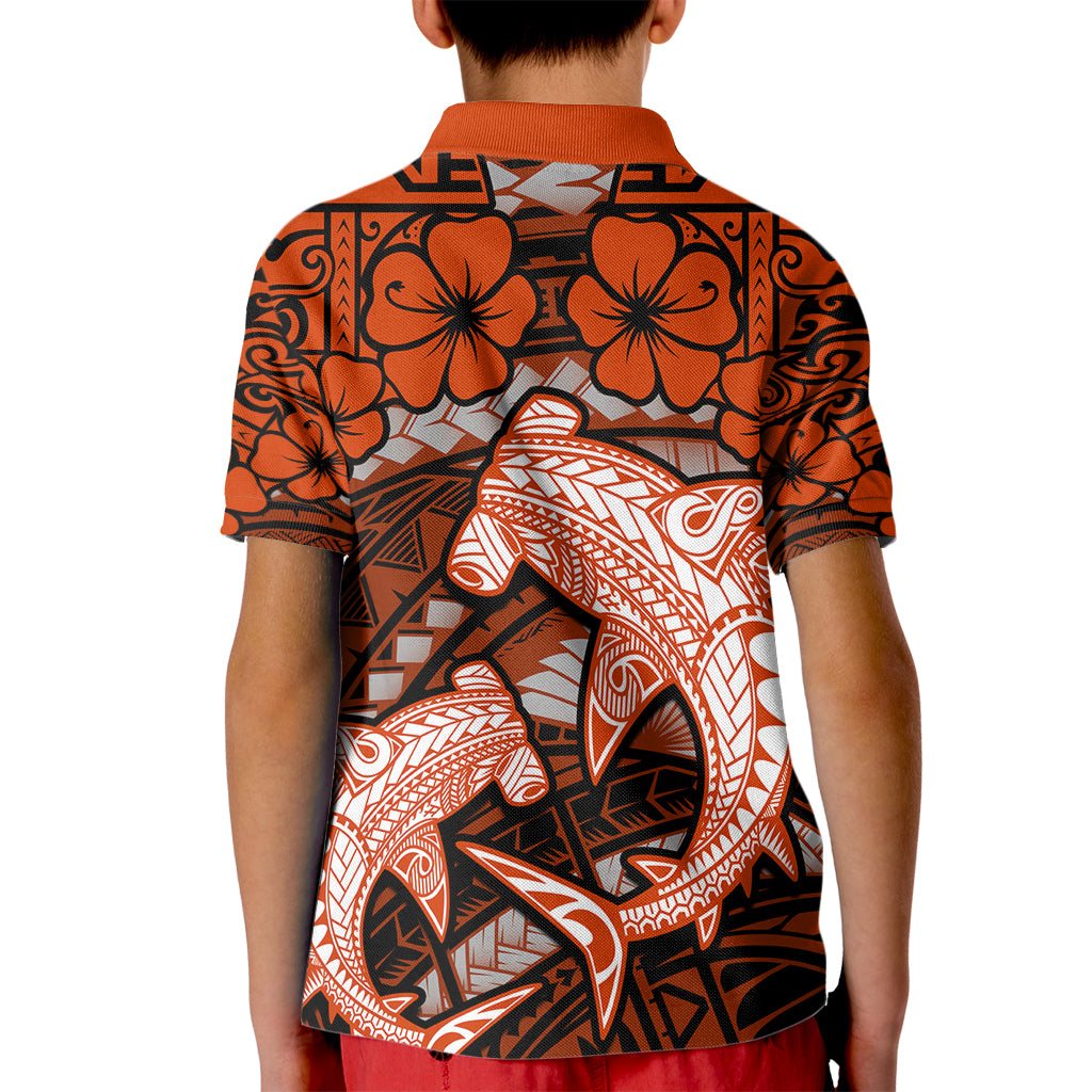 Polynesian Shark Valentine Day Kid Polo Shirt Hibiscus and Tribal Tattoo Orange Style LT03 - Polynesian Pride