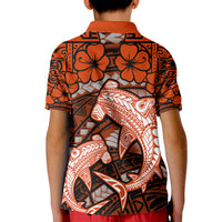Polynesian Shark Valentine Day Kid Polo Shirt Hibiscus and Tribal Tattoo Orange Style LT03 - Polynesian Pride