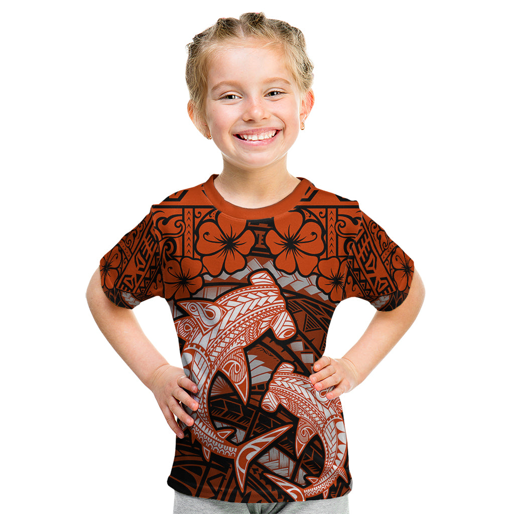 Polynesian Shark Valentine Day Kid T Shirt Hibiscus and Tribal Tattoo Orange Style LT03 Orange - Polynesian Pride