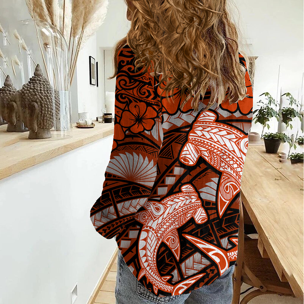Polynesian Shark Valentine Day Women Casual Shirt Hibiscus and Tribal Tattoo Orange Style LT03 - Polynesian Pride