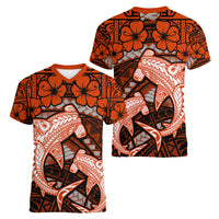Polynesian Shark Valentine Day Women V Neck T Shirt Hibiscus and Tribal Tattoo Orange Style LT03 - Polynesian Pride