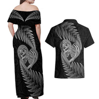 New Zealand Valentine Day Couples Matching Off Shoulder Maxi Dress and Hawaiian Shirt Aotearoa Warrior and Woman Love Heart Maori Pattern LT03 - Polynesian Pride