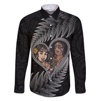 New Zealand Valentine Day Family Matching Puletasi and Hawaiian Shirt Aotearoa Warrior and Woman Love Heart Maori Pattern LT03 Dad's Shirt - Long Sleeve Black - Polynesian Pride