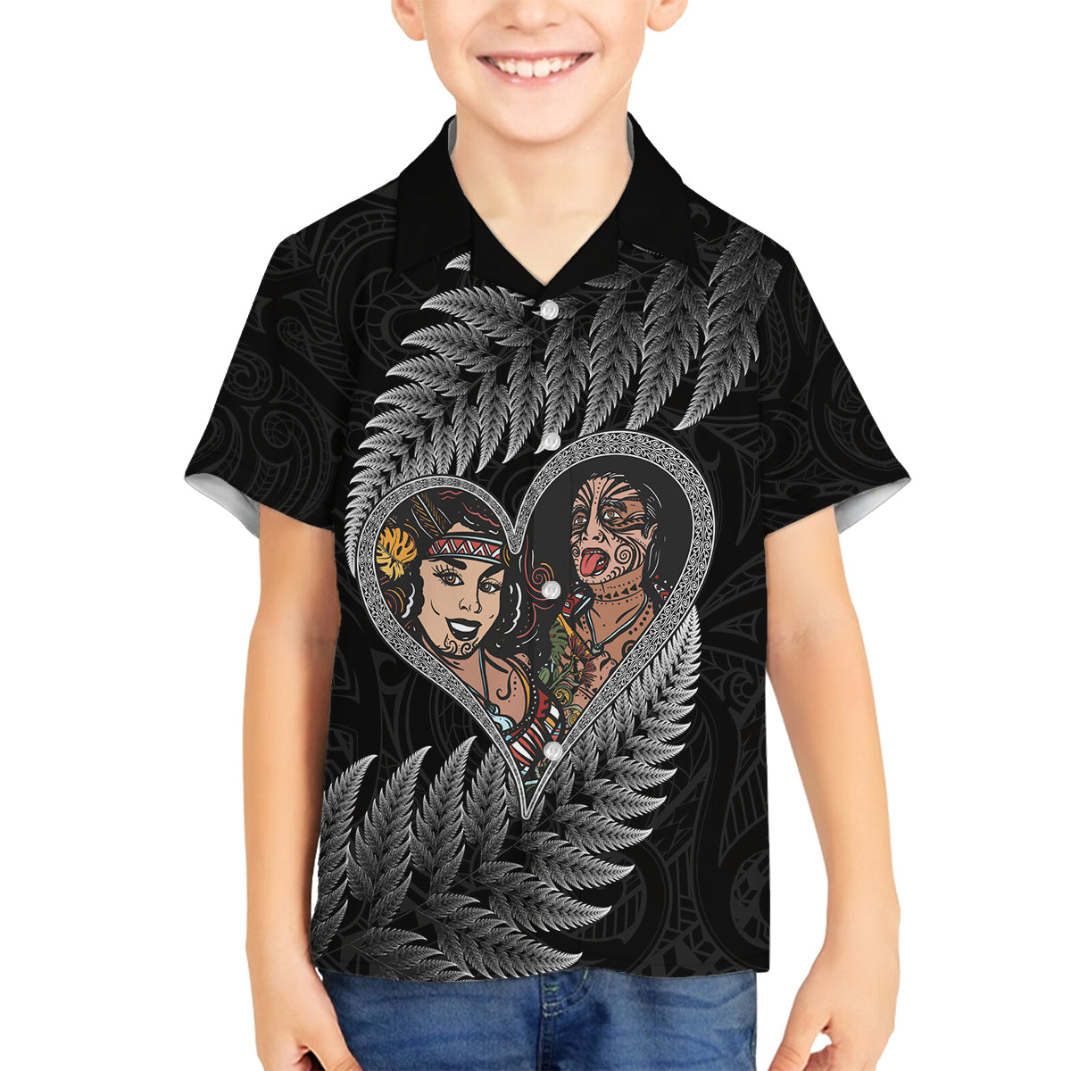 New Zealand Valentine Day Family Matching Puletasi and Hawaiian Shirt Aotearoa Warrior and Woman Love Heart Maori Pattern LT03 Son's Shirt Black - Polynesian Pride