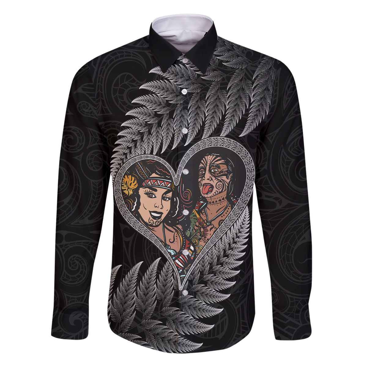 New Zealand Valentine Day Family Matching Tank Maxi Dress and Hawaiian Shirt Aotearoa Warrior and Woman Love Heart Maori Pattern LT03 Dad's Shirt - Long Sleeve Black - Polynesian Pride