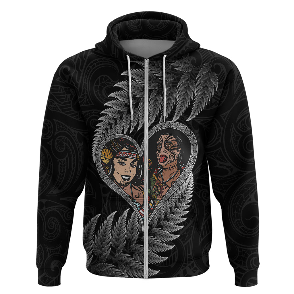 New Zealand Valentine Day Hoodie Aotearoa Warrior and Woman Love Heart Maori Pattern LT03 Zip Hoodie Black - Polynesian Pride
