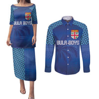 Custom Fiji Football-Towards World Cup 2026 Couples Matching Puletasi and Long Sleeve Button Shirt LT03 Blue - Polynesian Pride