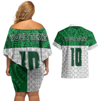 Custom Hawaii Volleyball-Kakau Motif Green Color Couples Matching Off Shoulder Short Dress and Hawaiian Shirt