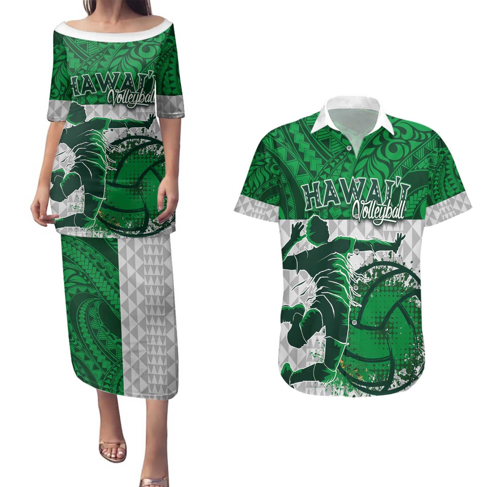Custom Hawaii Volleyball-Kakau Motif Green Color Couples Matching Puletasi and Hawaiian Shirt