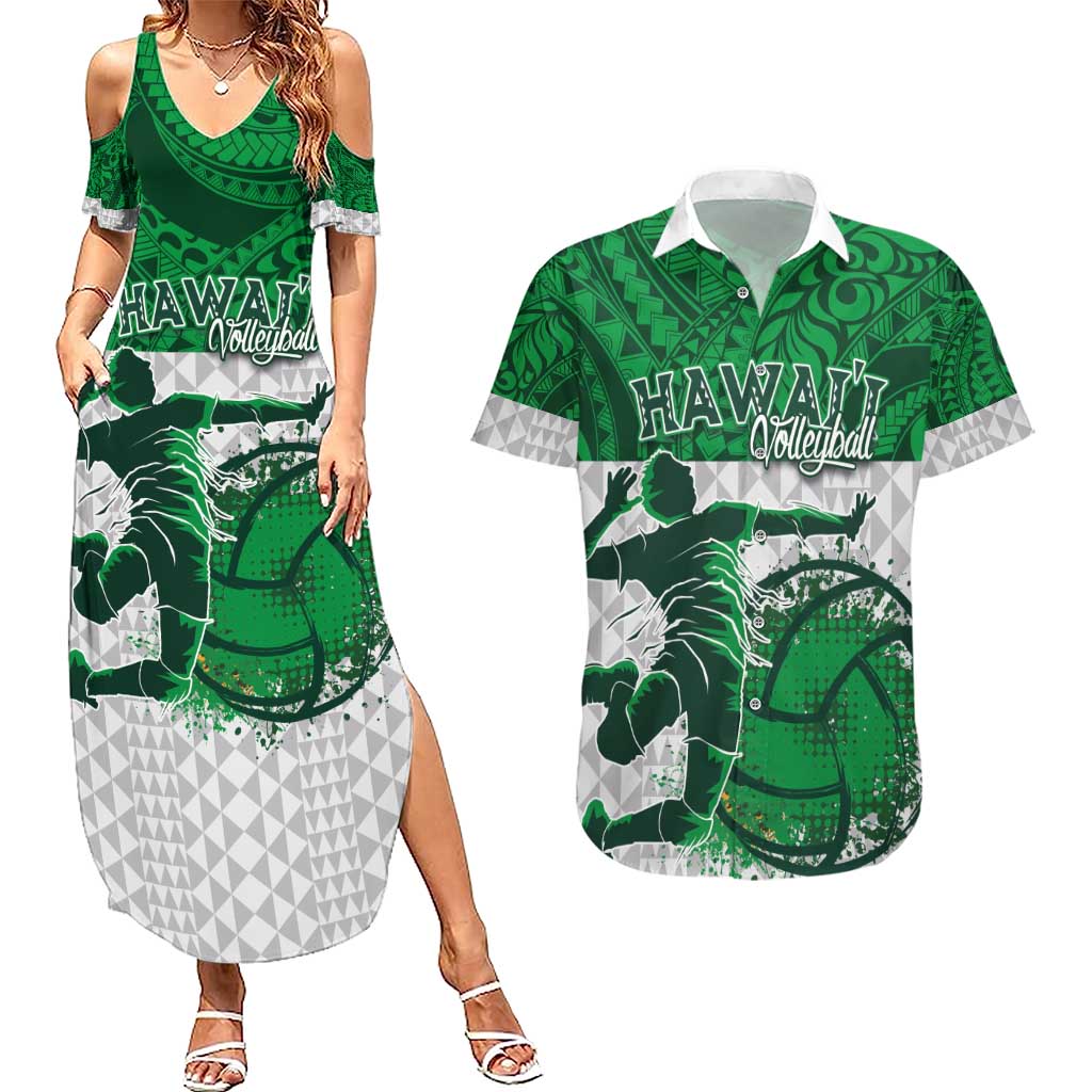 Custom Hawaii Volleyball-Kakau Motif Green Color Couples Matching Summer Maxi Dress and Hawaiian Shirt