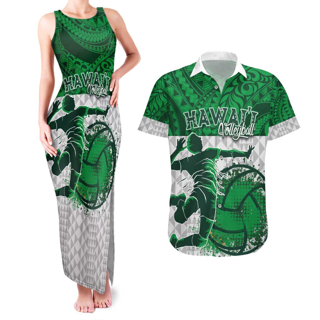 Custom Hawaii Volleyball-Kakau Motif Green Color Couples Matching Tank Maxi Dress and Hawaiian Shirt