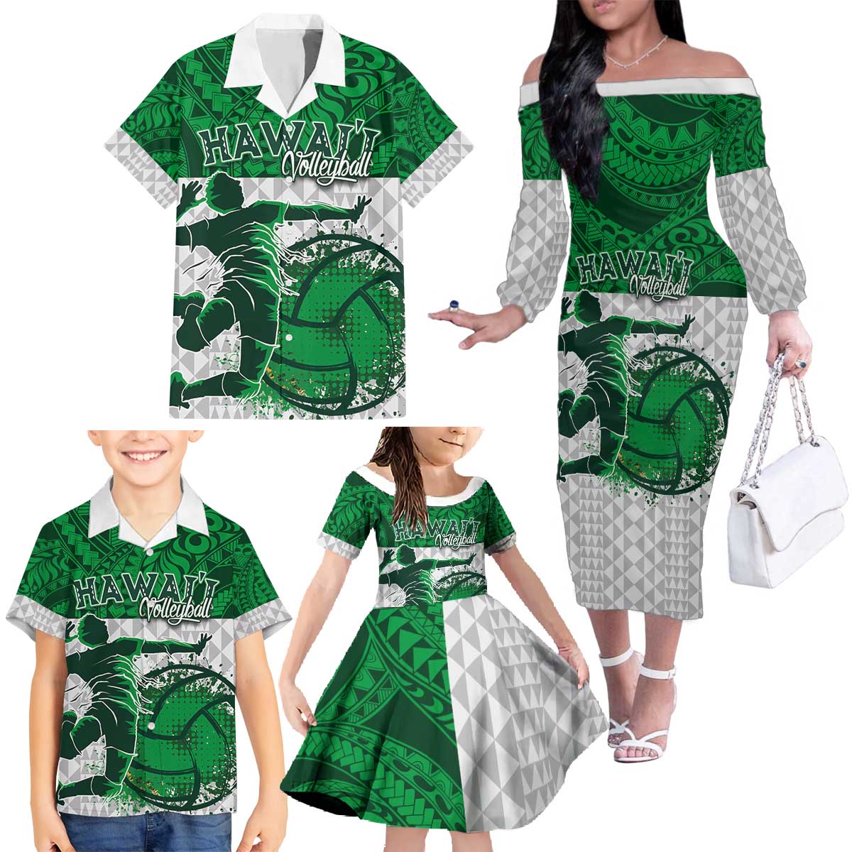 Custom Hawaii Volleyball-Kakau Motif Green Color Family Matching Off The Shoulder Long Sleeve Dress and Hawaiian Shirt