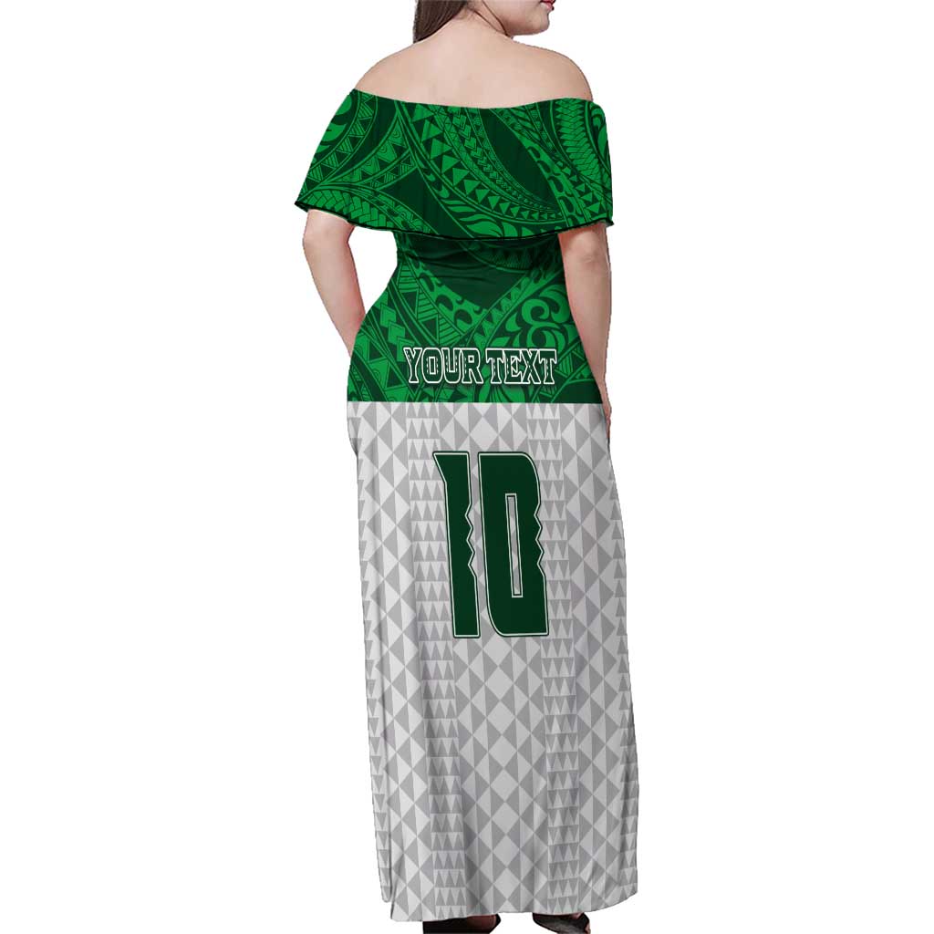 Custom Hawaii Volleyball-Kakau Motif Green Color Family Matching Off Shoulder Maxi Dress and Hawaiian Shirt