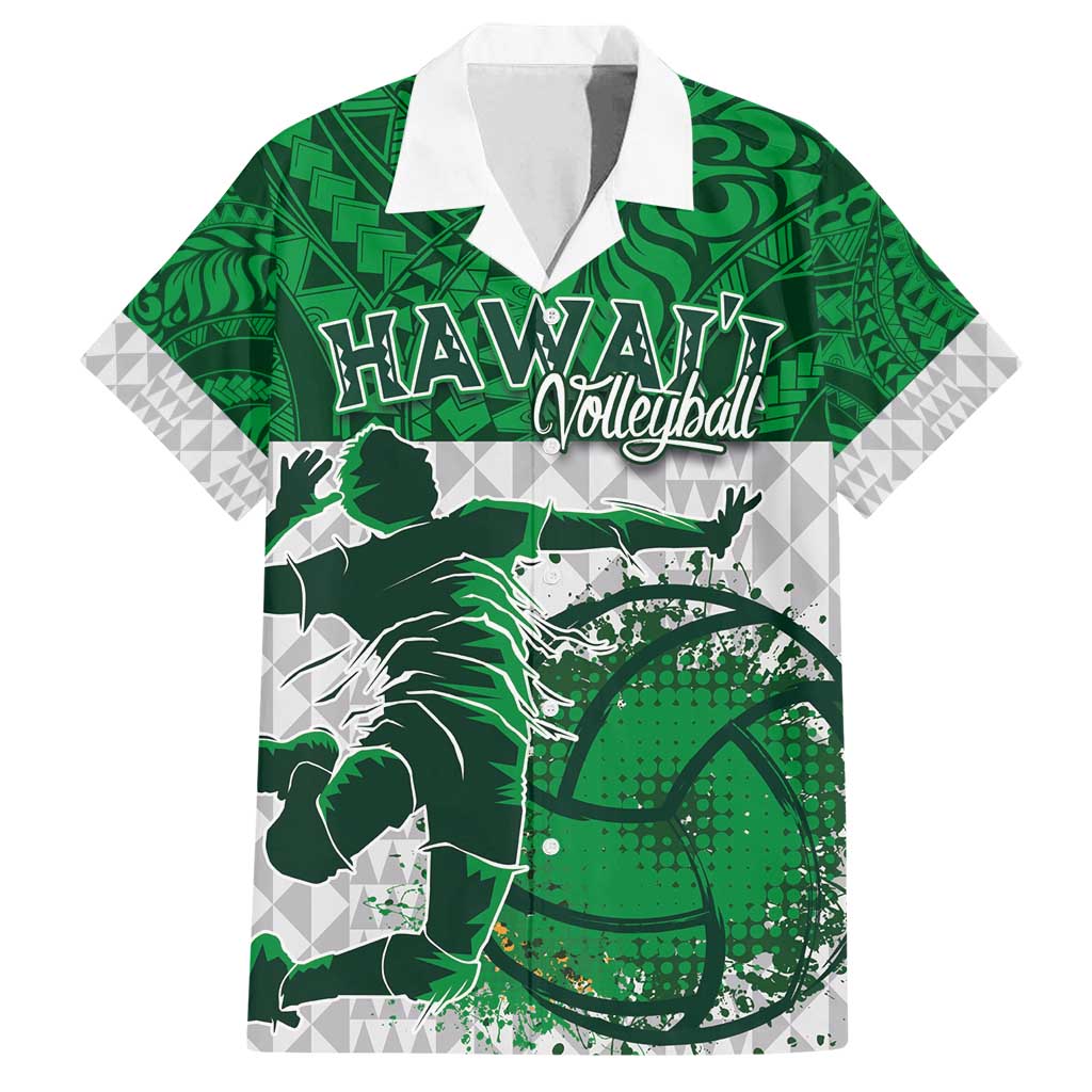 Custom Hawaii Volleyball-Kakau Motif Green Color Family Matching Off Shoulder Short Dress and Hawaiian Shirt