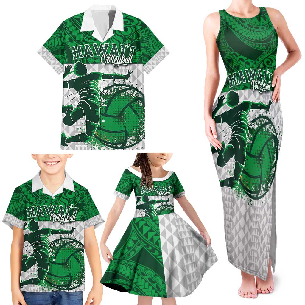 Custom Hawaii Volleyball-Kakau Motif Green Color Family Matching Tank Maxi Dress and Hawaiian Shirt