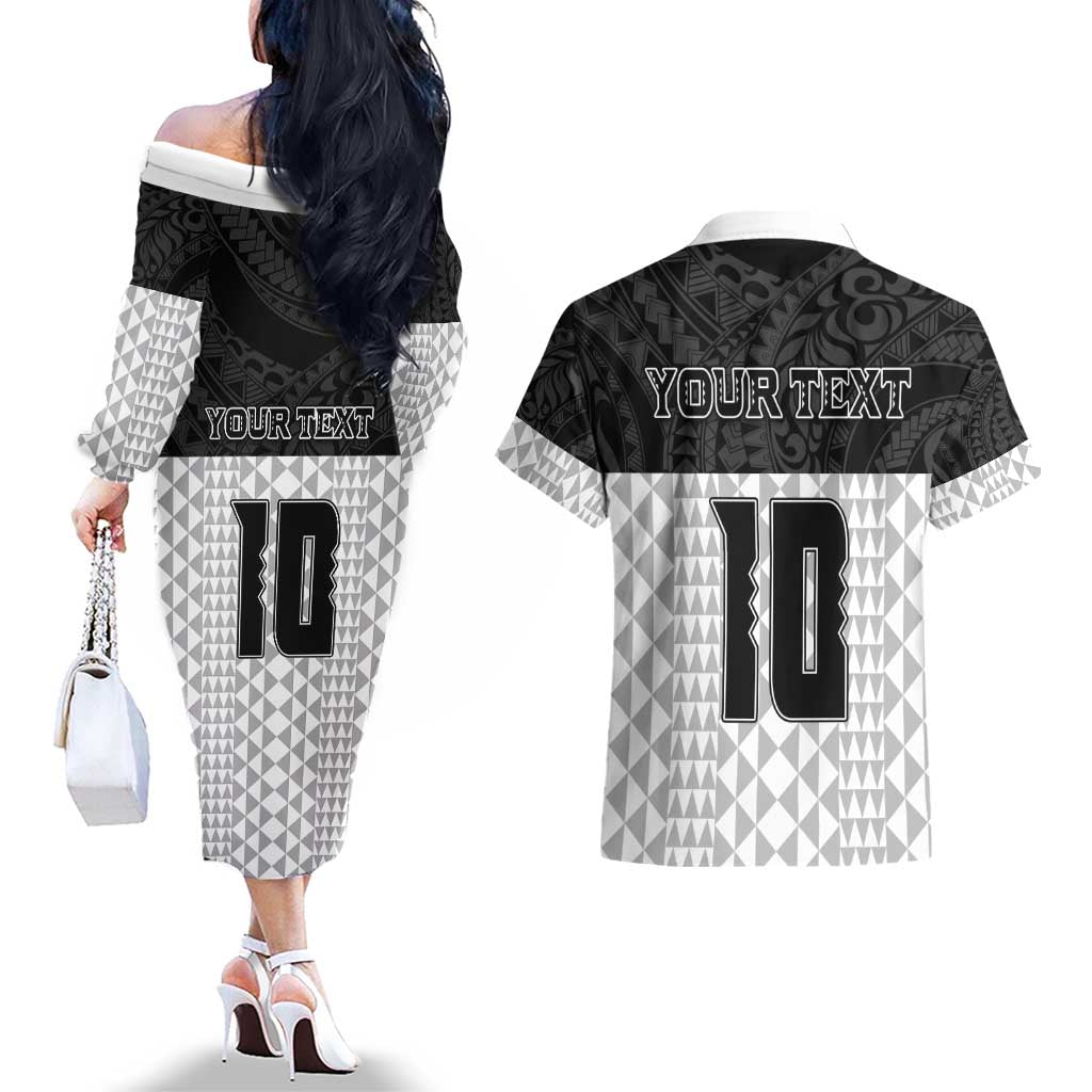 Custom Hawaii Volleyball-Kakau Motif Grayscale Color Couples Matching Off The Shoulder Long Sleeve Dress and Hawaiian Shirt