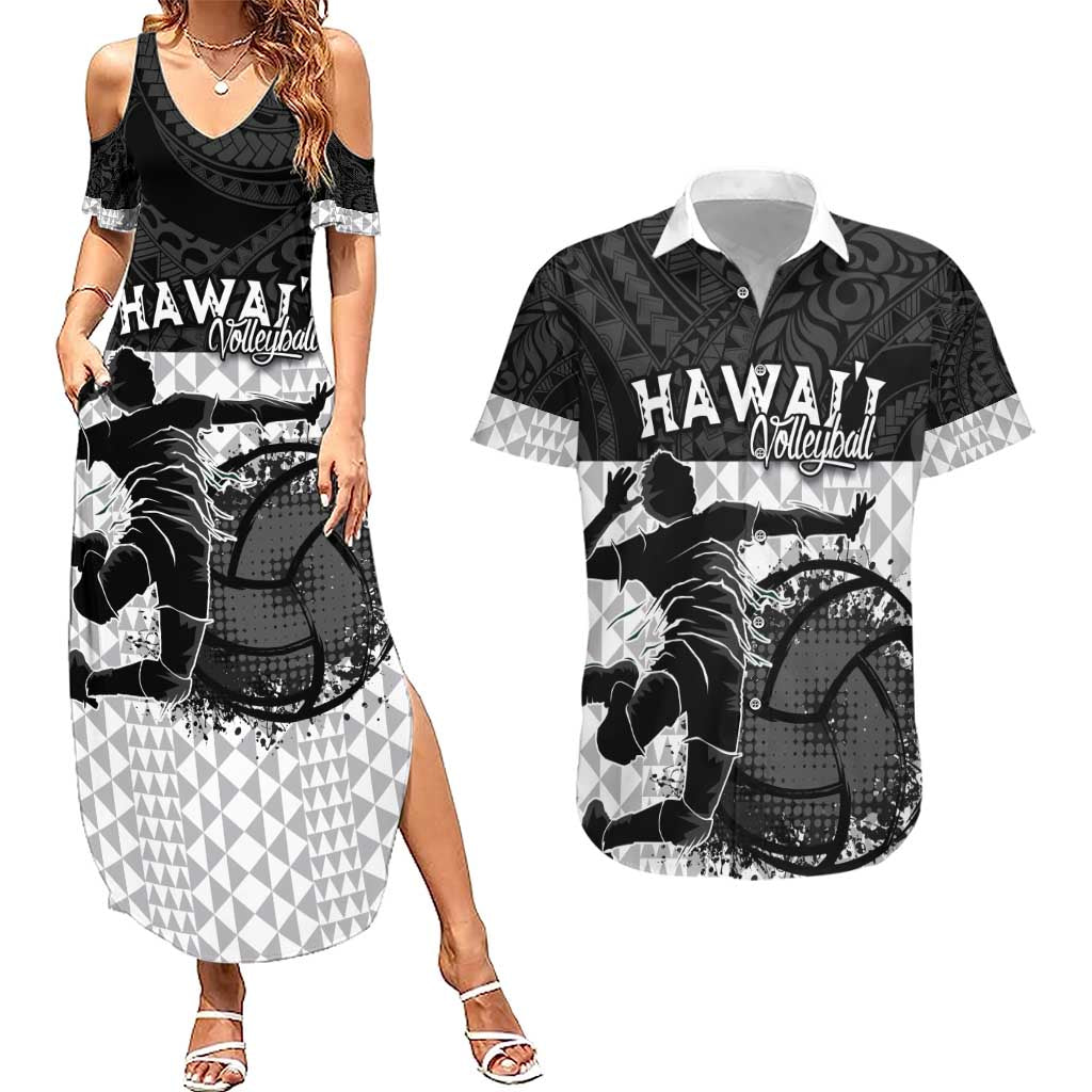 Custom Hawaii Volleyball-Kakau Motif Grayscale Color Couples Matching Summer Maxi Dress and Hawaiian Shirt