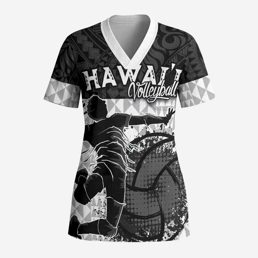 Custom Hawaii Volleyball-Kakau Motif Grayscale Color Scrub Top - Polynesian Pride