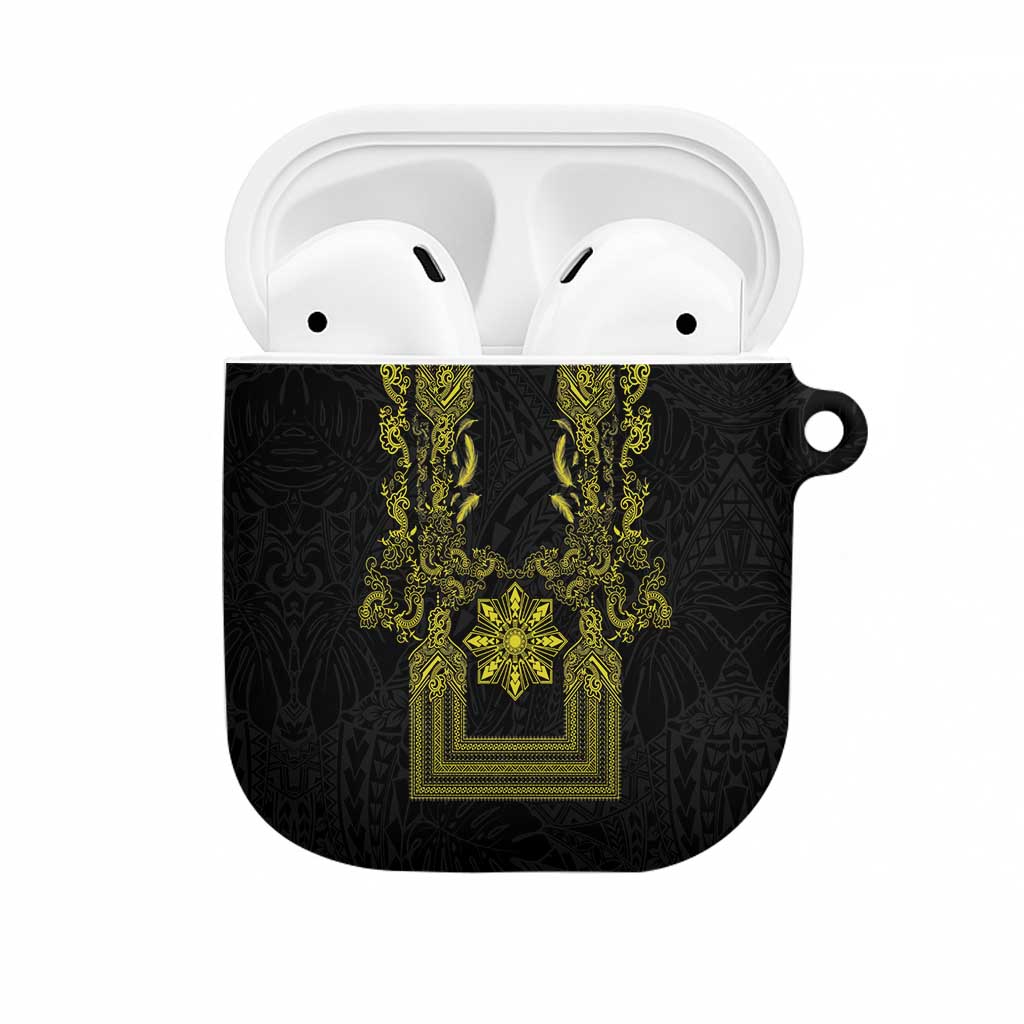 Philippines Barong Style AirPods Case with Polynesian Art and Leaf Motif Black-Gold Color