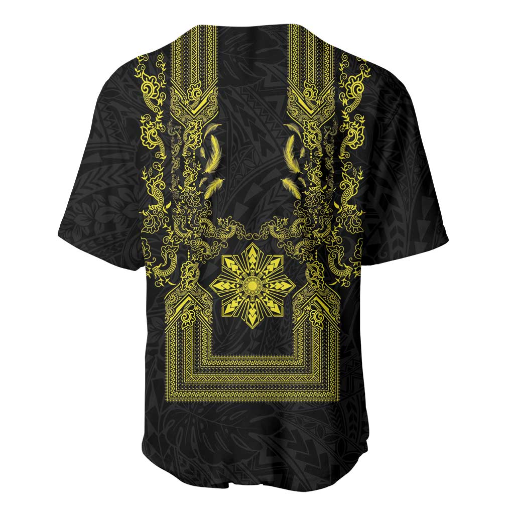 Philippines Barong Style Baseball Jersey with Polynesian Art and Leaf Motif Black-Gold Color