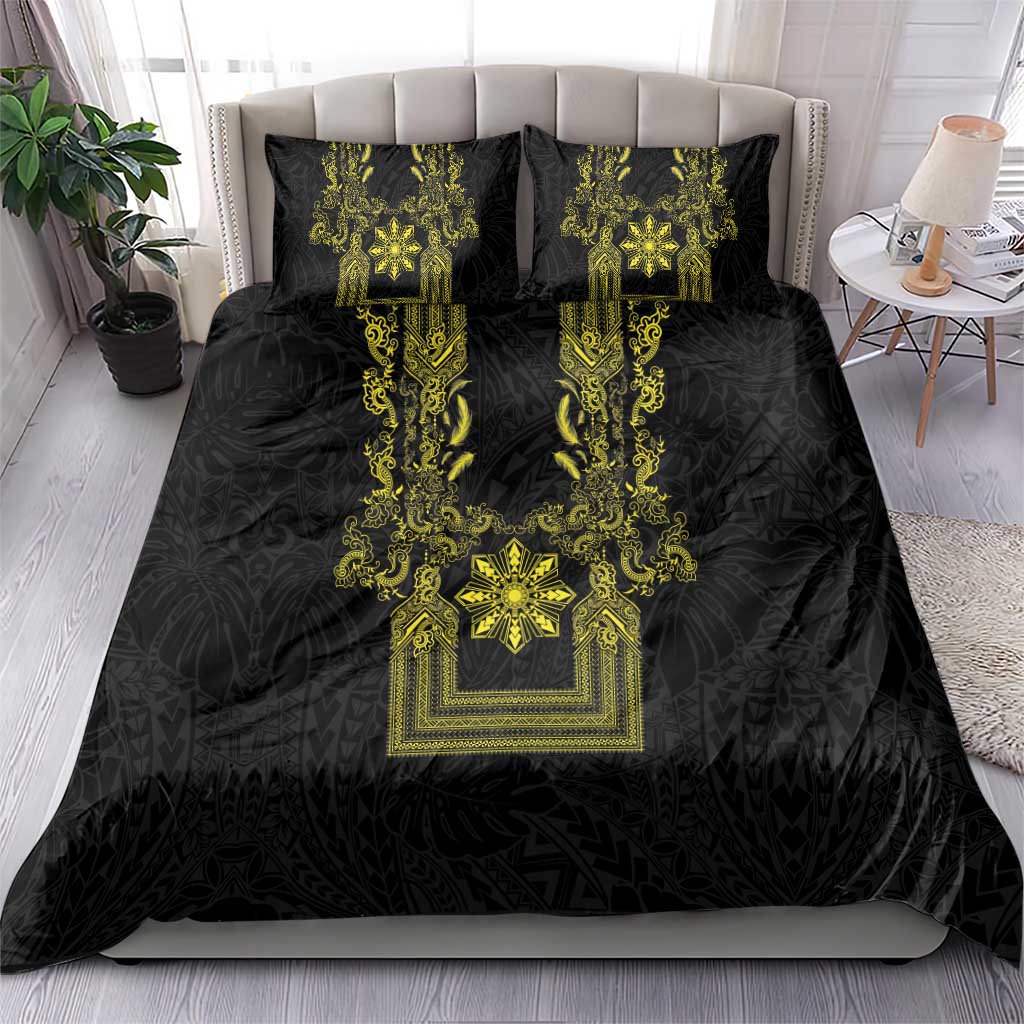 Philippines Barong Style Bedding Set with Polynesian Art and Leaf Motif Black-Gold Color LT03 - Polynesian Pride