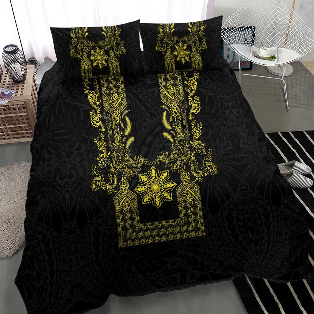 Philippines Barong Style Bedding Set with Polynesian Art and Leaf Motif Black-Gold Color LT03 - Polynesian Pride