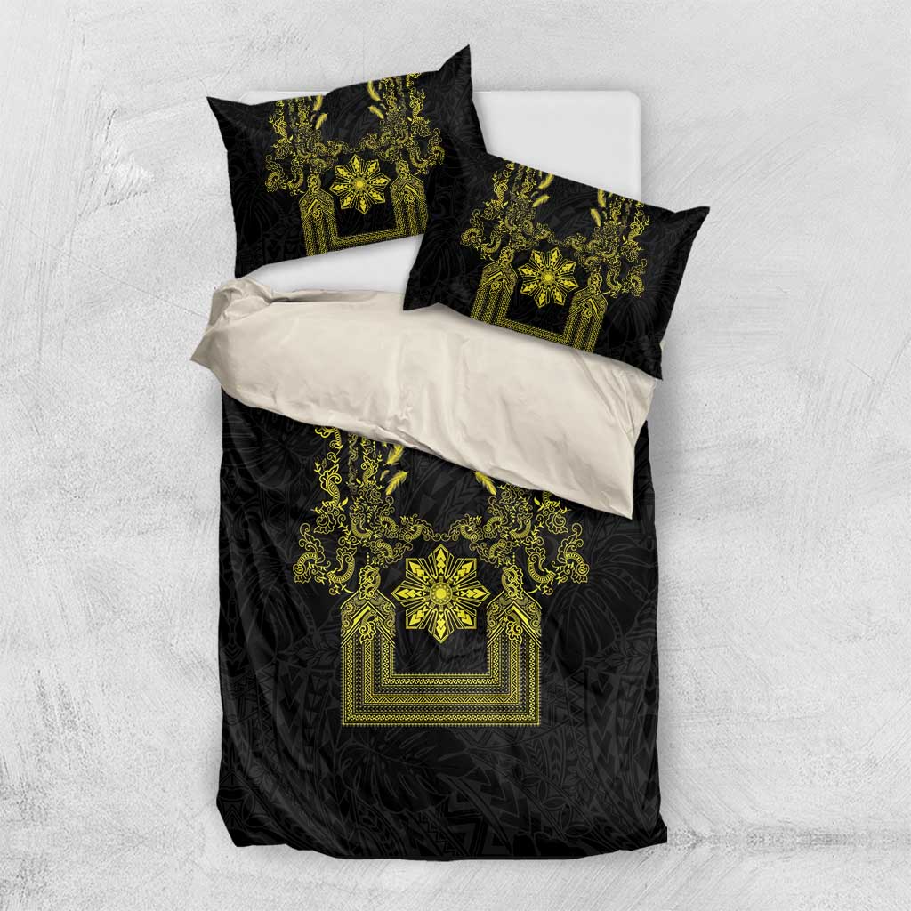 Philippines Barong Style Bedding Set with Polynesian Art and Leaf Motif Black-Gold Color LT03 US Twin 172cm x 218cm Black - Polynesian Pride