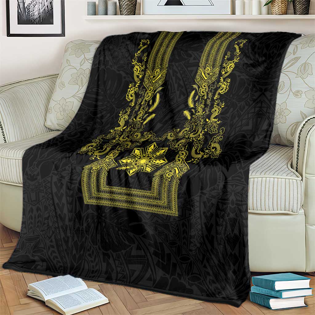 Philippines Barong Style Blanket with Polynesian Art and Leaf Motif Black-Gold Color