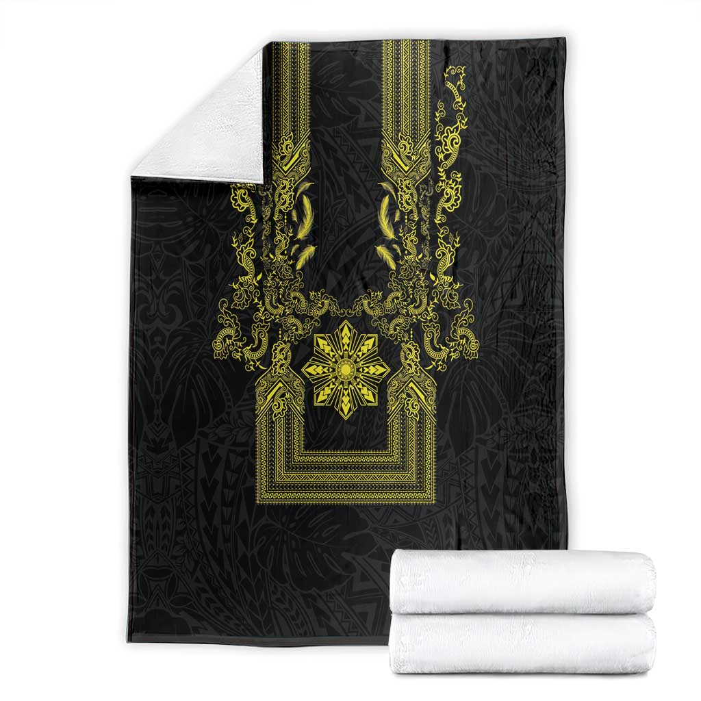 Philippines Barong Style Blanket with Polynesian Art and Leaf Motif Black-Gold Color