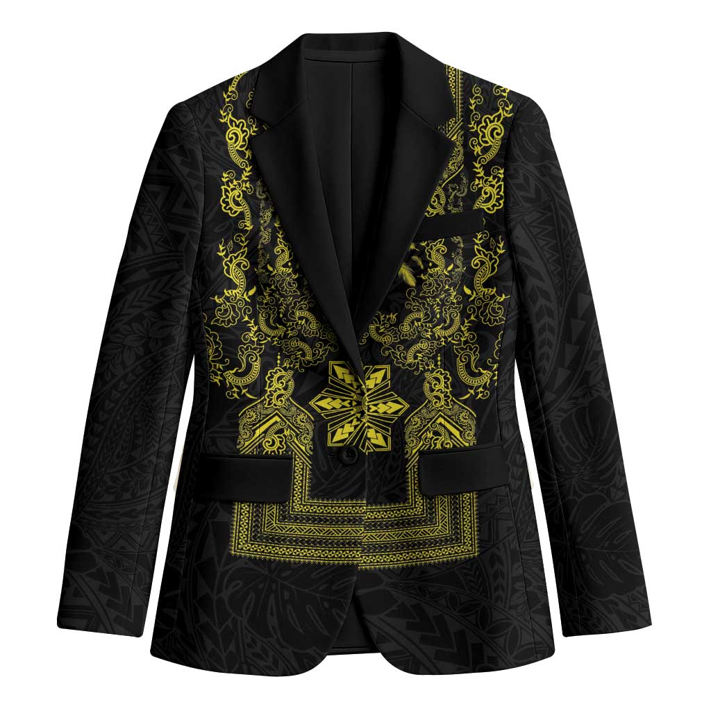 Philippines Barong Style Blazer with Polynesian Art and Leaf Motif Black-Gold Color