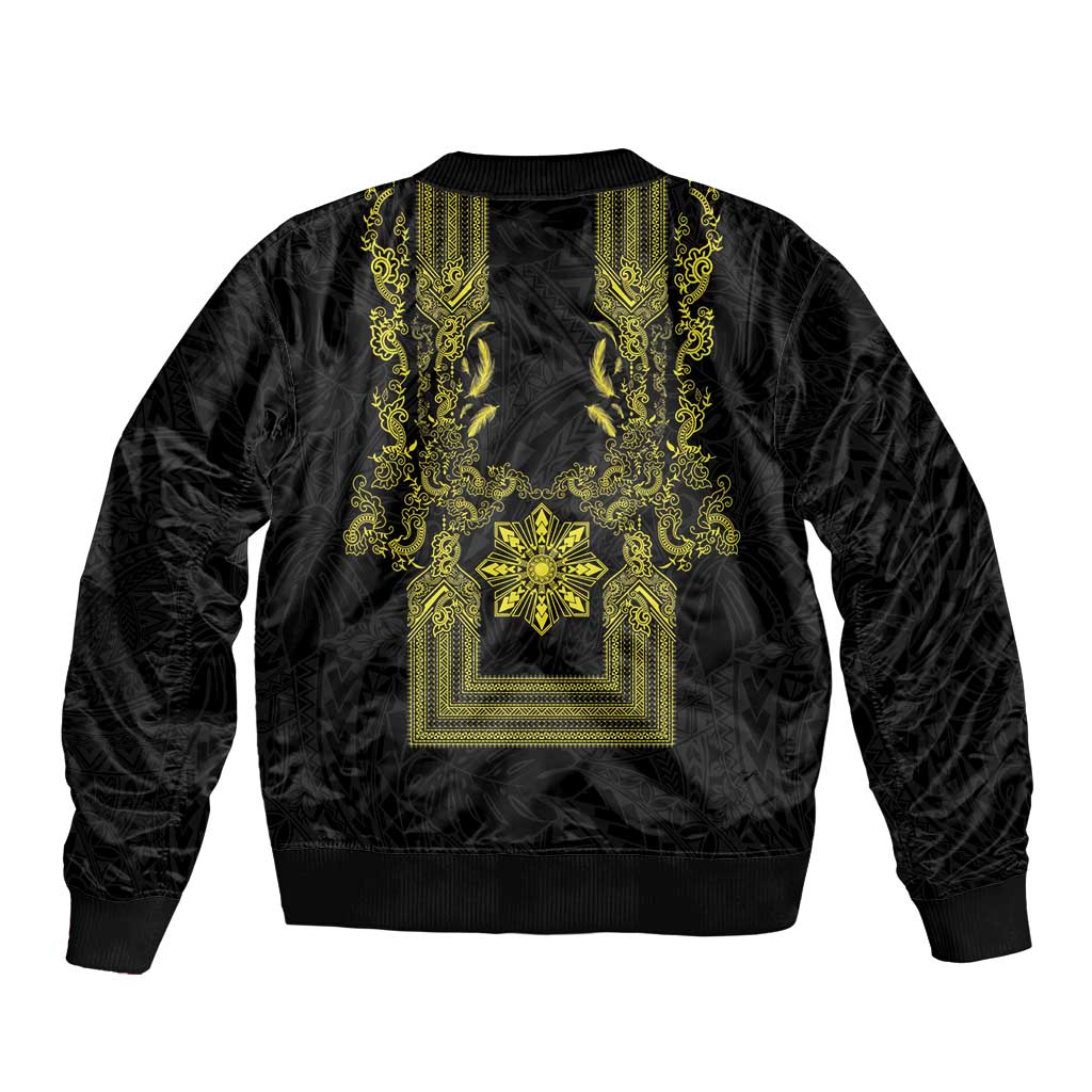 Philippines Barong Style Bomber Jacket with Polynesian Art and Leaf Motif Black-Gold Color