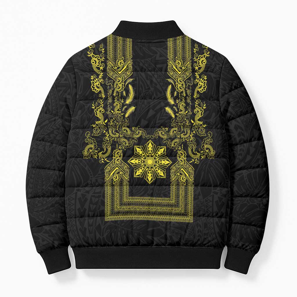 Philippines Barong Style Bomber Puffer Jacket with Polynesian Art and Leaf Motif Black-Gold Color
