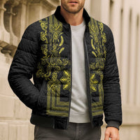 Philippines Barong Style Bomber Puffer Jacket with Polynesian Art and Leaf Motif Black-Gold Color