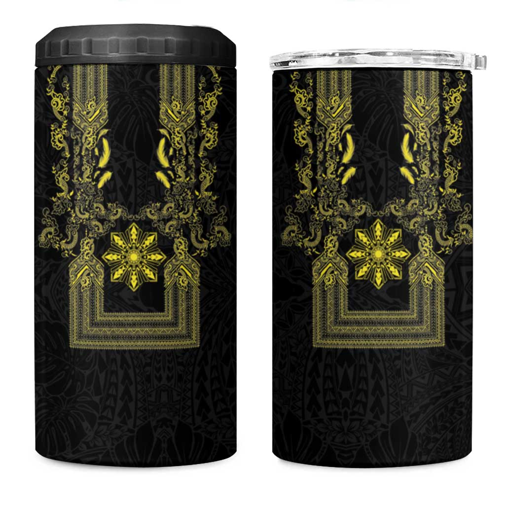 Philippines Barong Style 4 in 1 Can Cooler Tumbler with Polynesian Art and Leaf Motif Black-Gold Color LT03 One Size: 16 oz Black - Polynesian Pride