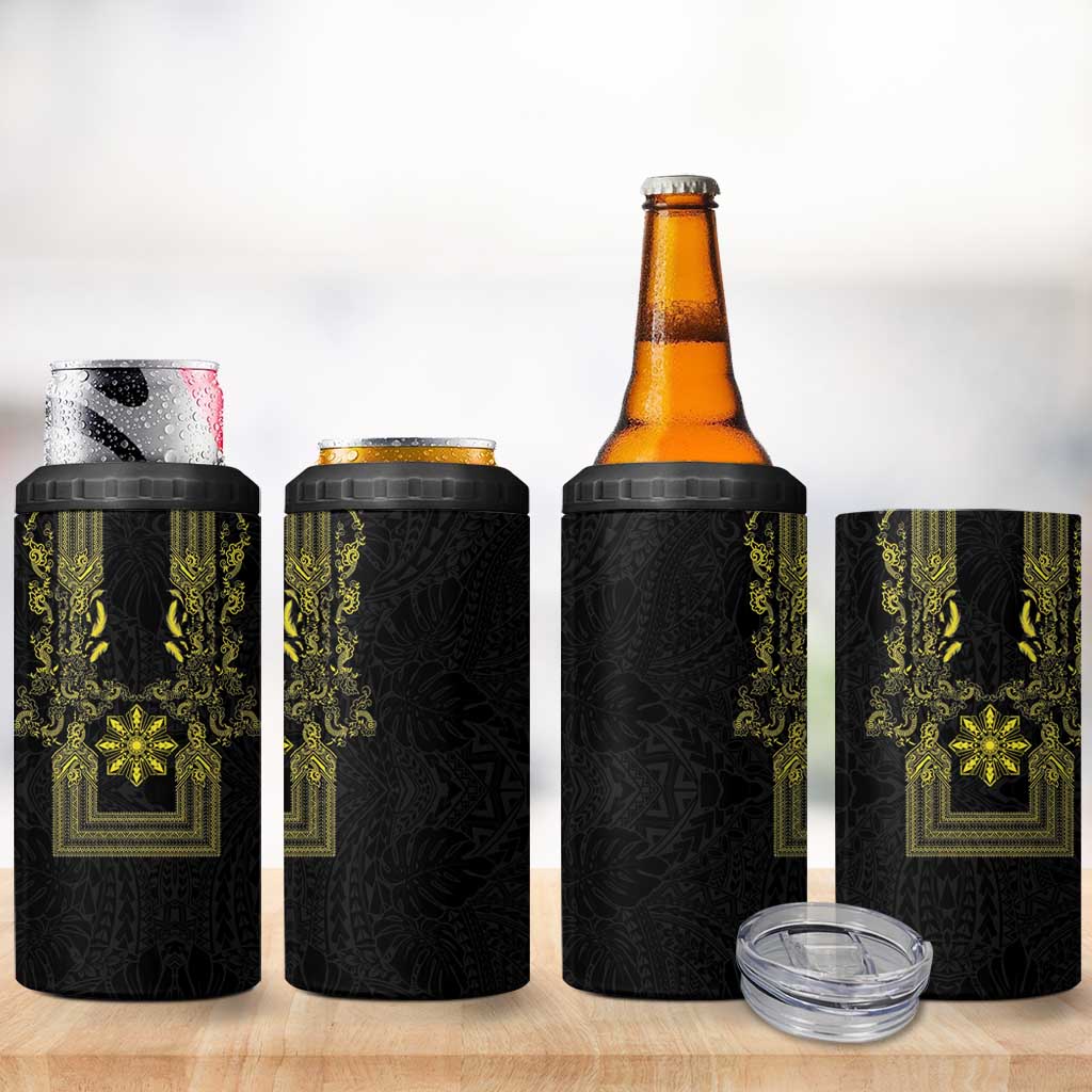 Philippines Barong Style 4 in 1 Can Cooler Tumbler with Polynesian Art and Leaf Motif Black-Gold Color LT03 - Polynesian Pride
