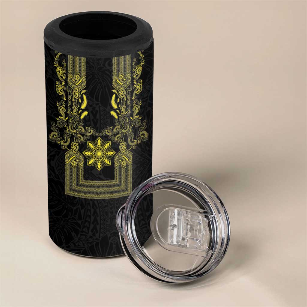 Philippines Barong Style 4 in 1 Can Cooler Tumbler with Polynesian Art and Leaf Motif Black-Gold Color LT03 - Polynesian Pride
