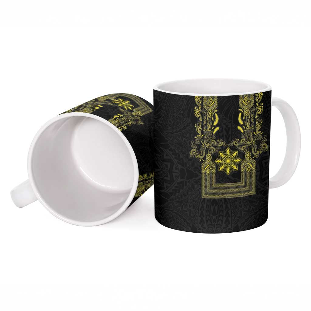 Philippines Barong Style Ceramic Mug with Polynesian Art and Leaf Motif Black-Gold Color LT03 - Polynesian Pride