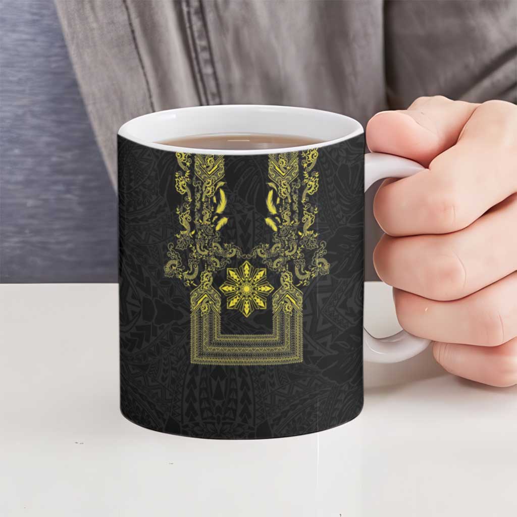 Philippines Barong Style Ceramic Mug with Polynesian Art and Leaf Motif Black-Gold Color LT03 - Polynesian Pride