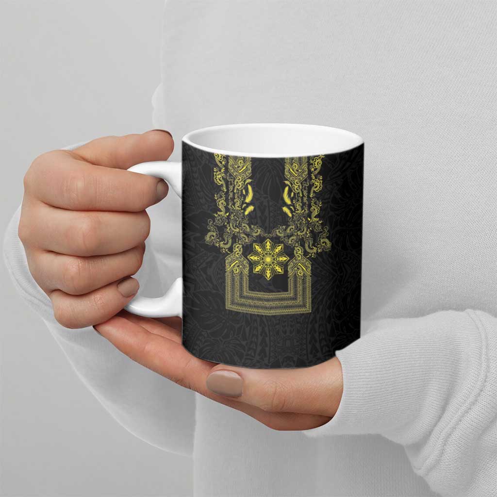 Philippines Barong Style Ceramic Mug with Polynesian Art and Leaf Motif Black-Gold Color LT03 - Polynesian Pride