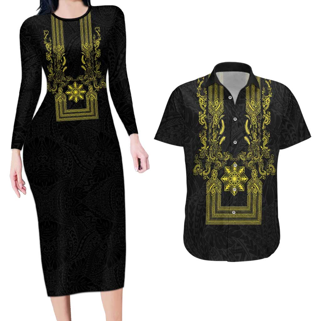 Philippines Barong Style Couples Matching Long Sleeve Bodycon Dress and Hawaiian Shirt with Polynesian Art and Leaf Motif Black-Gold Color