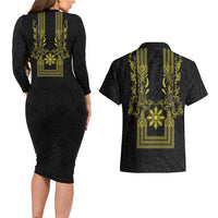 Philippines Barong Style Couples Matching Long Sleeve Bodycon Dress and Hawaiian Shirt with Polynesian Art and Leaf Motif Black-Gold Color