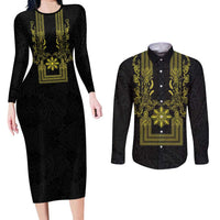 Philippines Barong Style Couples Matching Long Sleeve Bodycon Dress and Long Sleeve Button Shirt with Polynesian Art and Leaf Motif Black-Gold Color