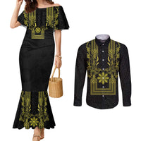 Philippines Barong Style Couples Matching Mermaid Dress and Long Sleeve Button Shirt with Polynesian Art and Leaf Motif Black-Gold Color