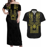 Philippines Barong Style Couples Matching Off Shoulder Maxi Dress and Hawaiian Shirt with Polynesian Art and Leaf Motif Black-Gold Color
